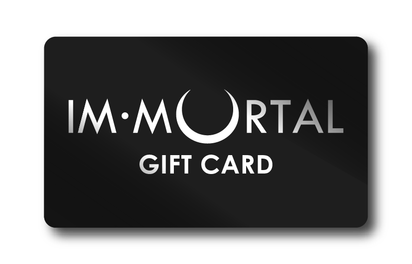 Digital design of a gift card with white text "IM.MORTAL GIFT CARD"