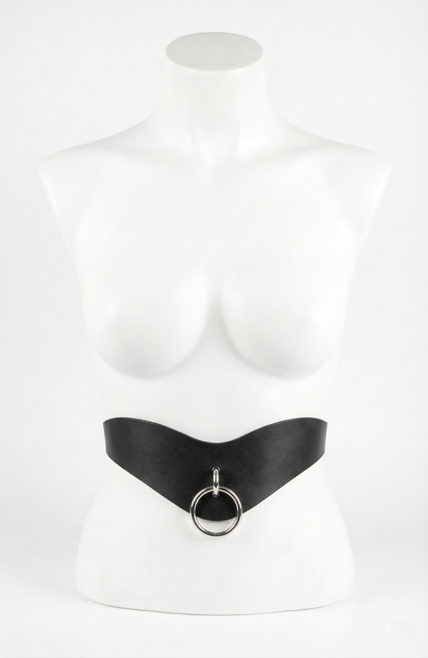 Black belt with a circular ring on a mannequin bust against a white background