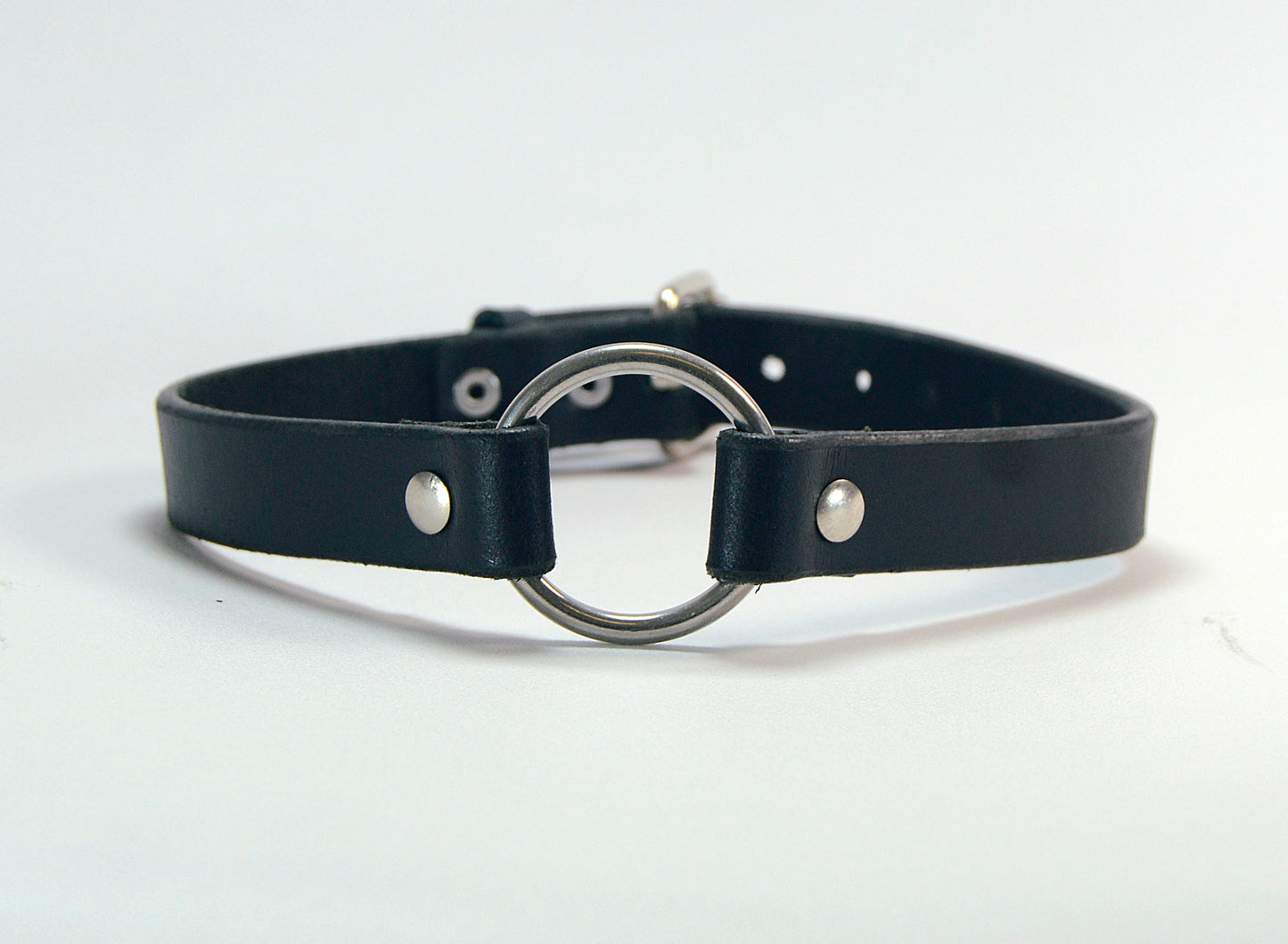 A front shot of a black leather collar with a silver ring in the center display against a white background.