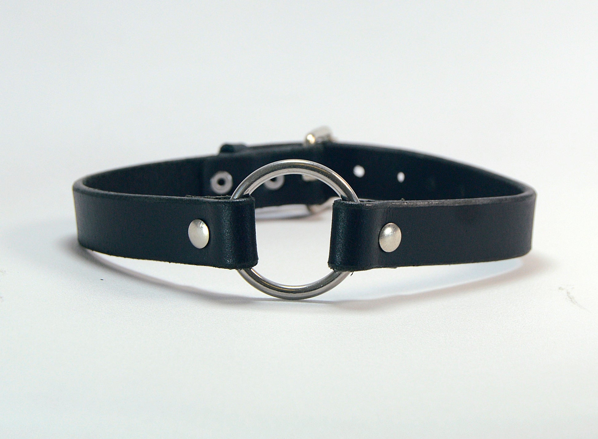 A front shot of a black leather collar with a silver ring in the center display against a white background.