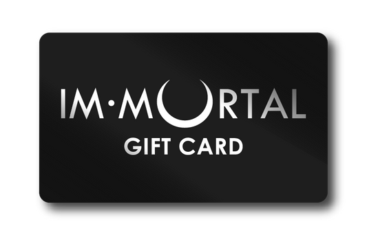 Digital design of a gift card with white text "IM.MORTAL GIFT CARD"