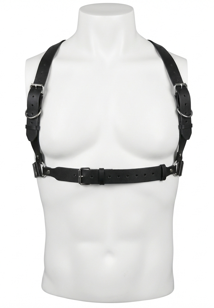 Black leather harness on a mannequin bust against a white background