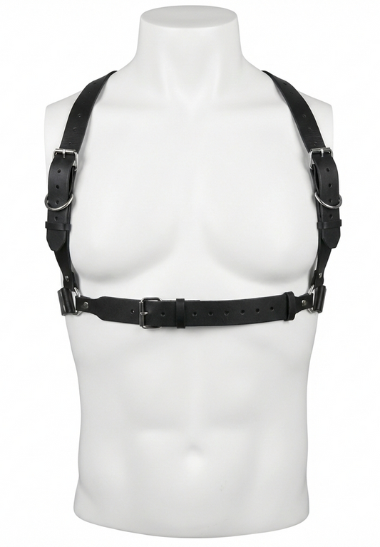 Black leather harness on a mannequin bust against a white background