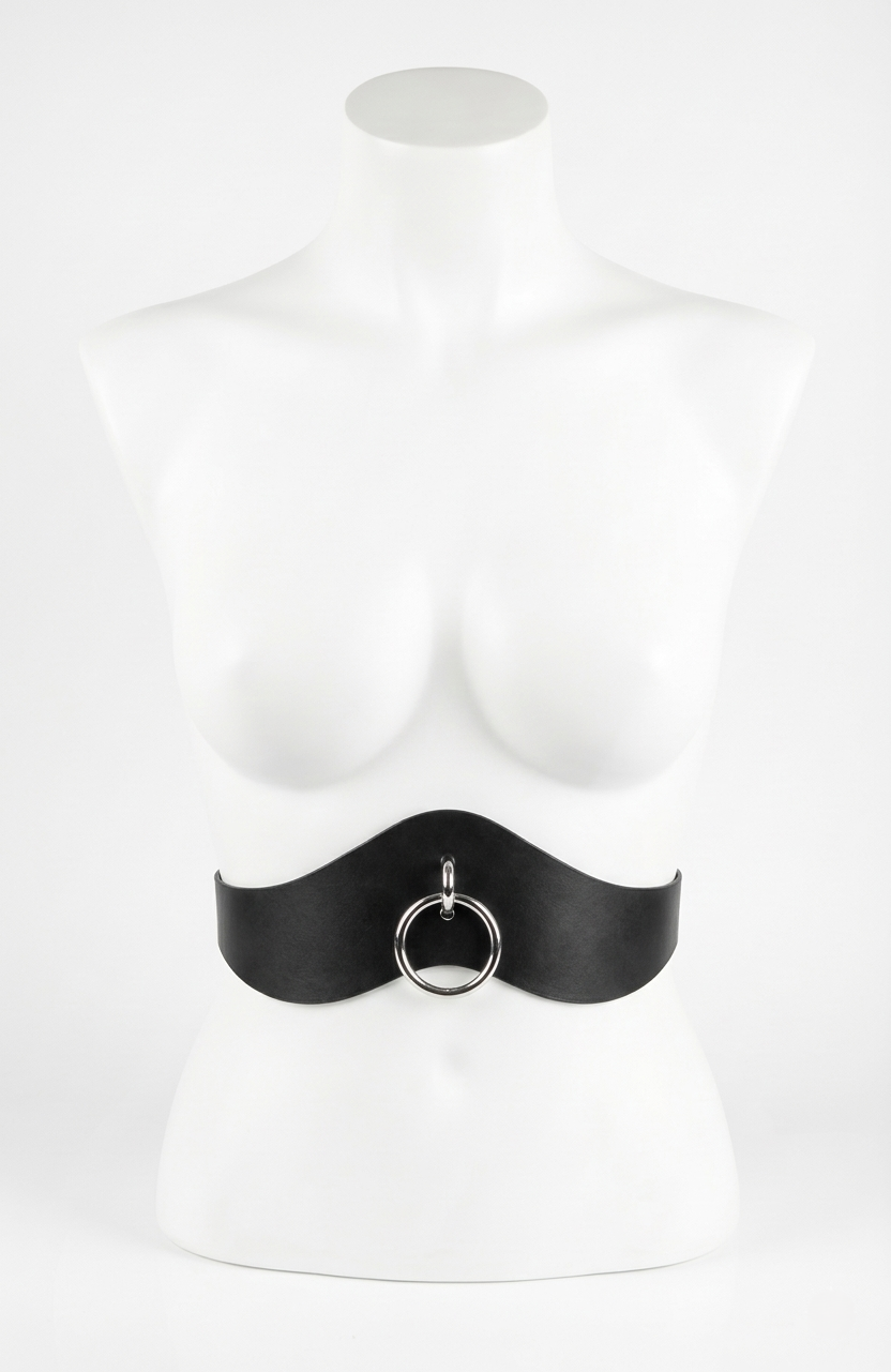 Black leather belt with a ring on a mannequin against a white background