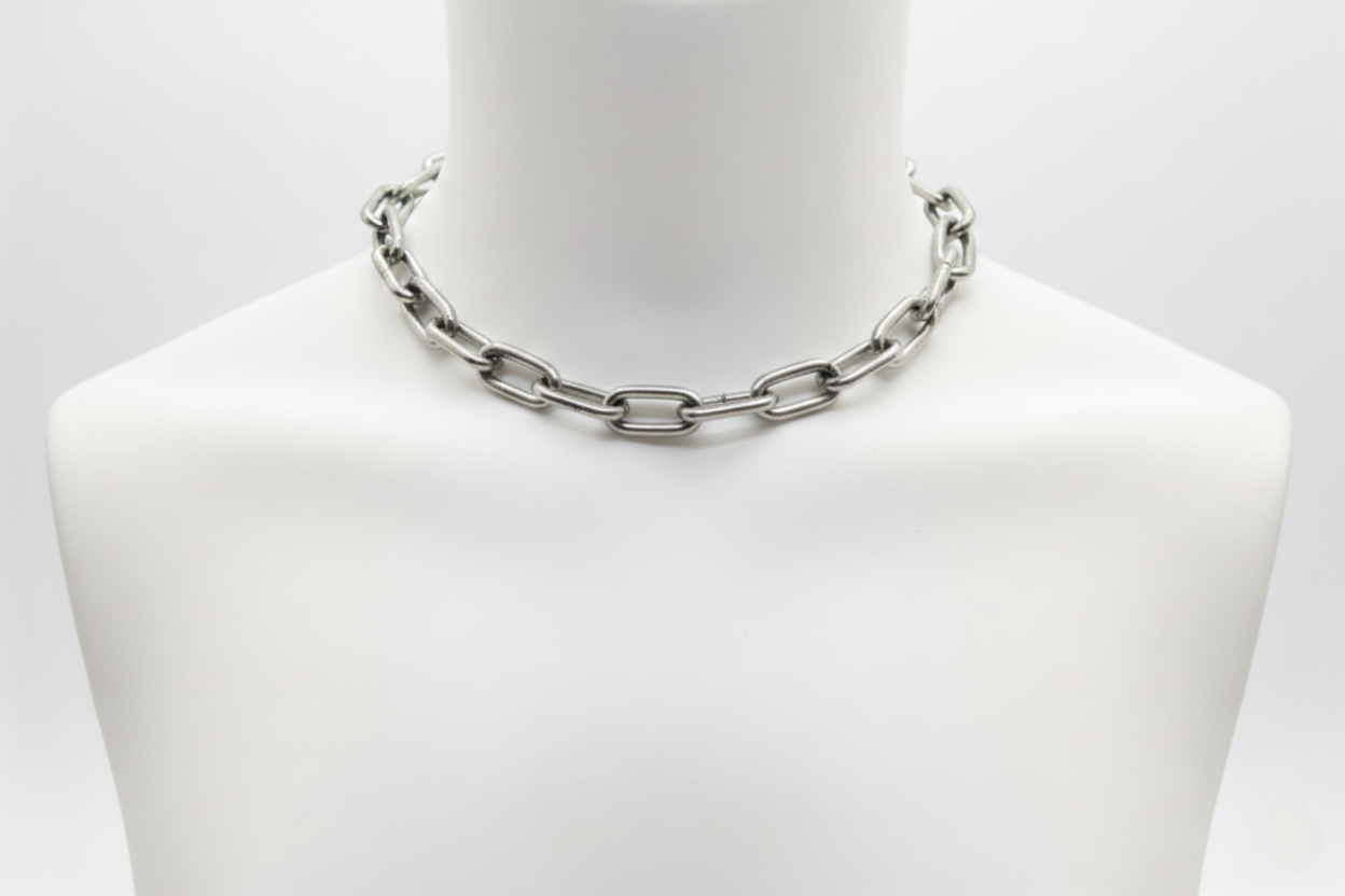 Silver chain necklace on a mannequin bust against a white background
