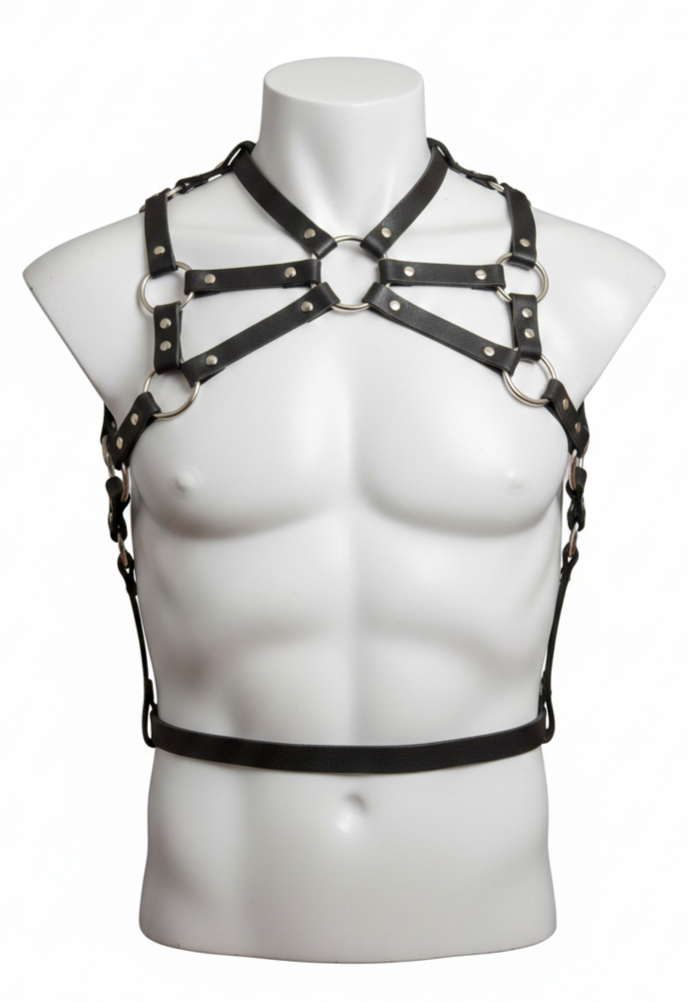Black leather harness on a mannequin torso against a white background
