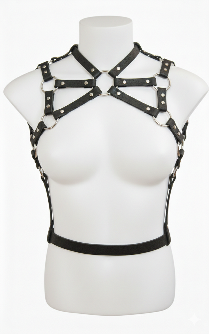 Black leather harness on a mannequin bust against a white background
